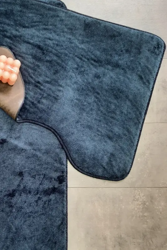 Ultrasoft Düz Lacivert 3’lü Banyo Halısı Paspası Seti Kaymaz Deri Tabanlı Yıkanabilir Klozet Takımı-Lacivert - 6