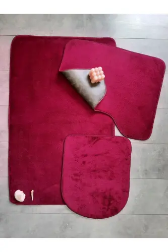 Ultrasoft Düz Mürdüm 3’lü Banyo Halısı Paspası Seti Kaymaz Deri Tabanlı Yıkanabilir Klozet Takımı-Mürdüm - 2
