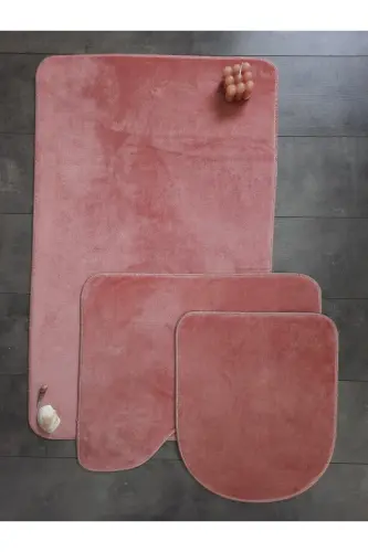 Ultrasoft Düz Pudra 3’lü Banyo Halısı Paspası Seti Kaymaz Taban Makinede Yıkanabilir Klozet Takımı-Pudra 