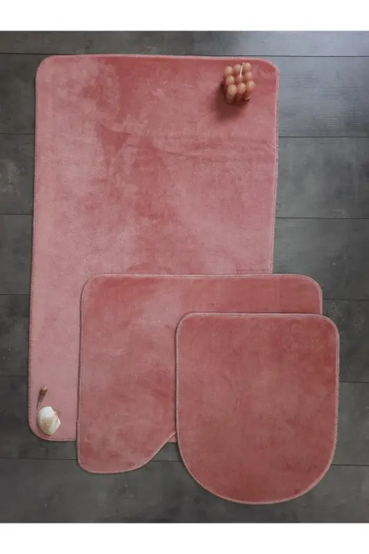Ultrasoft Düz Pudra 3’lü Banyo Halısı Paspası Seti Kaymaz Taban Makinede Yıkanabilir Klozet Takımı-Pudra - 1