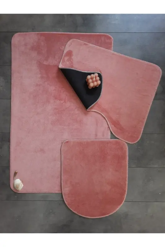 Ultrasoft Düz Pudra 3’lü Banyo Halısı Paspası Seti Kaymaz Taban Makinede Yıkanabilir Klozet Takımı-Pudra - 2