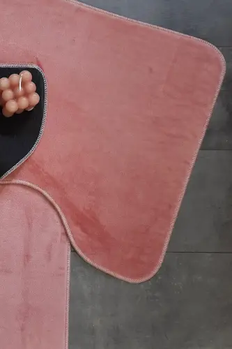 Ultrasoft Düz Pudra 3'lü Banyo Halısı Paspası Seti Kaymaz Taban Makinede Yıkanabilir Klozet Takımı-Pudra - 6