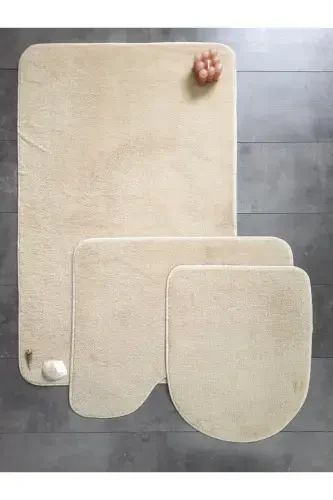 Ultrasoft Düz Vizon 3’lü Banyo Halısı Paspası Kaymaz Deri Taban Makinede Yıkanabilir Klozet Takımı-Vizon - 1