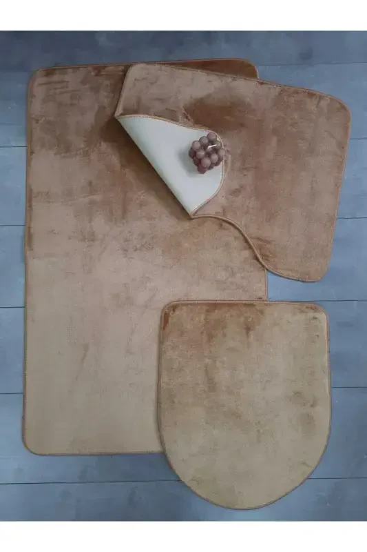 Ultrasoft Plain Cappuccino 3-Piece Bathroom Rug Mat Set Non-Slip Leather Based Washable Toilet Set-Cappuccino - 1