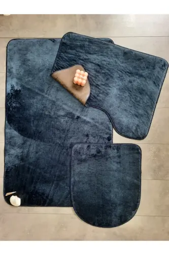 Ultrasoft Plain Navy Blue 3-Piece Bathroom Rug Mat Set Non-Slip Leather Based Washable Toilet Seat Cover Set-Navy Blue - 3