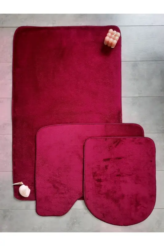 Ultrasoft Plain Plum 3-Piece Bathroom Rug Mat Set Non-Slip Leather Based Washable Toilet Seat Cover Set-Plum - 1