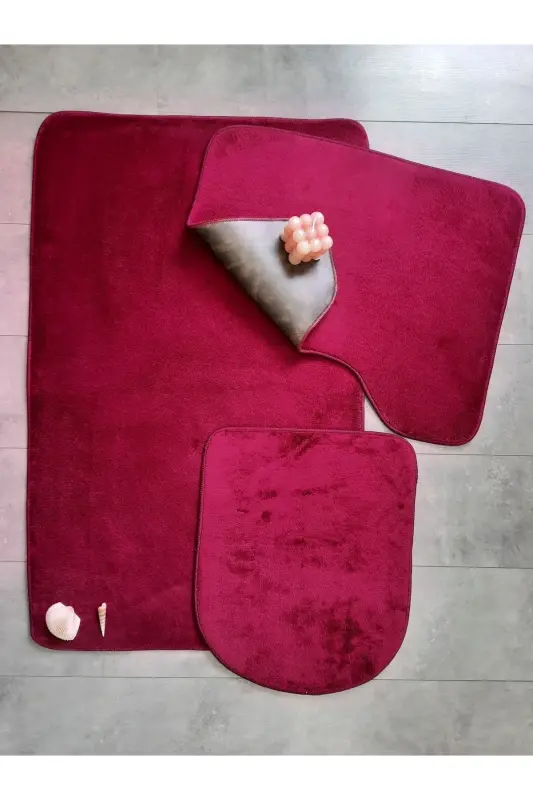 Ultrasoft Plain Plum 3-Piece Bathroom Rug Mat Set Non-Slip Leather Based Washable Toilet Seat Cover Set-Plum - 2