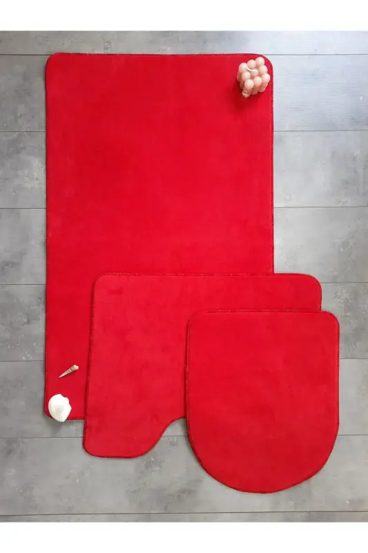 Ultrasoft Plain Red 3-Piece Bathroom Rug Mat Set Non-Slip Leather Based Washable Toilet Seat Cover Set-Red - BONNY HOME
