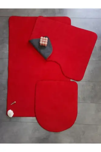 Ultrasoft Plain Red 3-Piece Bathroom Rug Mat Set Non-Slip Leather Based Washable Toilet Seat Cover Set-Red - 2