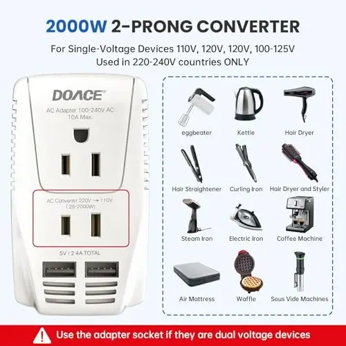 Улучшенный преобразователь напряжения DoAce C11 2000 Вт для путешествий, для фена, выпрямителя, щипцов для завивки, понижающий с 220 В до 110 В, адаптер питания 10 А с 2 USB и вилками EU/UK/AU/US для ноутбука, камеры, мобильного телефона - 4