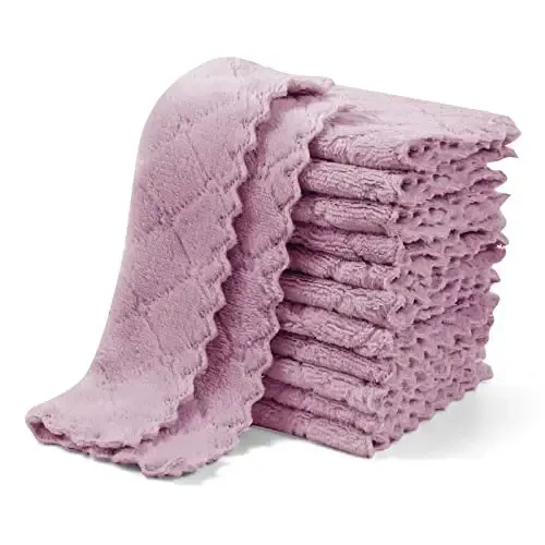 UMANI 12 Pack Kitchen Dish Cloths, Ultra Soft Absorbent Quick Drying Dish Towels, Nonstick Oil Microfiber Cleaning Cloth, Machine Washable Coral Fleece Cleaning Rags (Purple) - 1