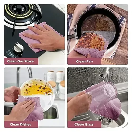UMANI 12 Pack Kitchen Dish Cloths, Ultra Soft Absorbent Quick Drying Dish Towels, Nonstick Oil Microfiber Cleaning Cloth, Machine Washable Coral Fleece Cleaning Rags (Purple) - 3