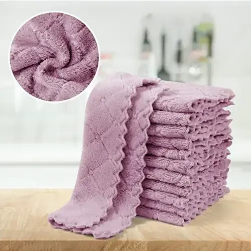 UMANI 12 Pack Kitchen Dish Cloths, Ultra Soft Absorbent Quick Drying Dish Towels, Nonstick Oil Microfiber Cleaning Cloth, Machine Washable Coral Fleece Cleaning Rags (Purple) - 6