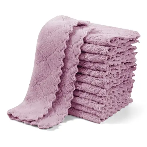 UMANI 12 Pack Kitchen Dish Cloths, Ultra Soft Absorbent Quick Drying Dish Towels, Nonstick Oil Microfiber Cleaning Cloth, Machine Washable Coral Fleece Cleaning Rags (Purple) - 1