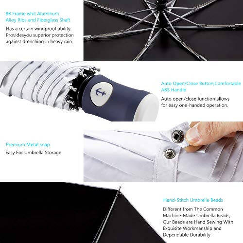 Umbrella Folding Travel Umbrella Auto Open and Close Windproof, Rainproof & 99.9% UV Protection Parasol with Black Anti-UV Coating (White) - 6