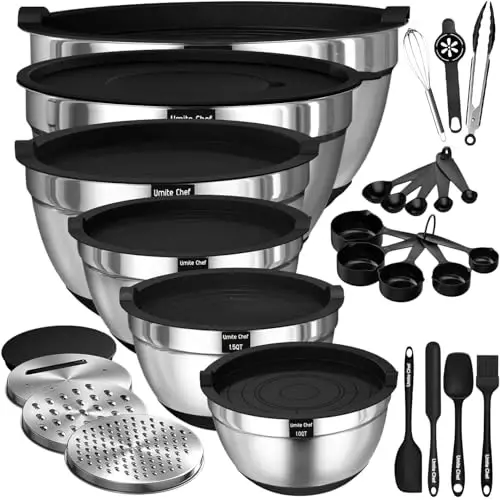 Umite Chef Mixing Bowls with Airtight Lids, 26Pcs Stainless Steel Bowls Set, 3 Grater AttacModazoneents & Black Non-Slip Bottoms Size 7, 4, 2.5, 2.0,1.5, 1QT, Great for Mixing & Serving 