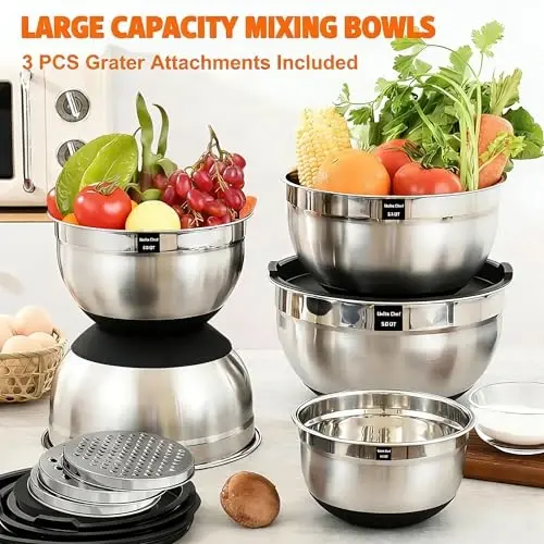 Umite Chef Mixing Bowls with Airtight Lids, 26Pcs Stainless Steel Bowls Set, 3 Grater AttacModazoneents & Black Non-Slip Bottoms Size 7, 4, 2.5, 2.0,1.5, 1QT, Great for Mixing & Serving - 3