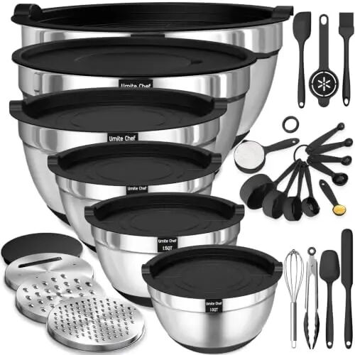 Umite Chef Mixing Bowls with Airtight Lids, 26Pcs Stainless Steel Bowls Set, 3 Grater AttacModazoneents & Black Non-Slip Bottoms Size 7, 4, 2.5, 2.0,1.5, 1QT, Great for Mixing & Serving - 1