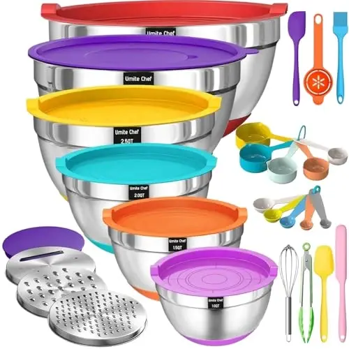 Umite Chef Mixing Bowls with Airtight Lids, 26Pcs Stainless Steel Bowls Set, 3 Grater AttacModazoneents & Colorful Non-Slip Bottoms Size 7, 4, 2.5, 2.0,1.5, 1QT, Great for Mixing & Serving - 1