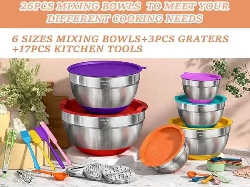 Umite Chef Mixing Bowls with Airtight Lids, 26Pcs Stainless Steel Bowls Set, 3 Grater AttacModazoneents & Colorful Non-Slip Bottoms Size 7, 4, 2.5, 2.0,1.5, 1QT, Great for Mixing & Serving - 3