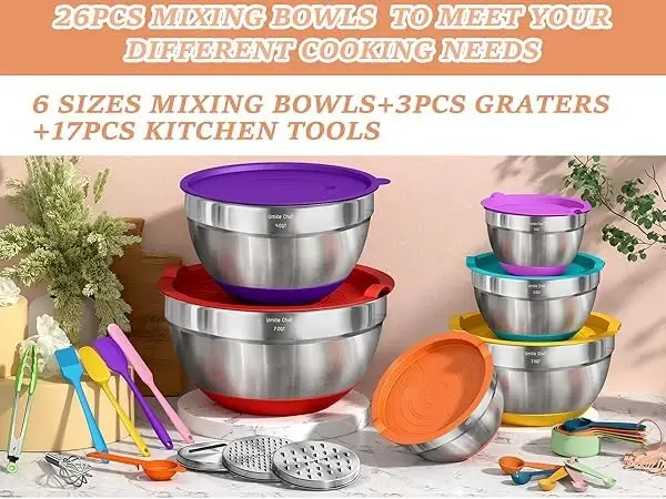 Umite Chef Mixing Bowls with Airtight Lids, 26Pcs Stainless Steel Bowls Set, 3 Grater AttacModazoneents & Colorful Non-Slip Bottoms Size 7, 4, 2.5, 2.0,1.5, 1QT, Great for Mixing & Serving - 3