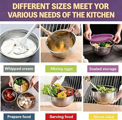 Umite Chef Mixing Bowls with Airtight Lids, 26Pcs Stainless Steel Bowls Set, 3 Grater AttacModazoneents & Colorful Non-Slip Bottoms Size 7, 4, 2.5, 2.0,1.5, 1QT, Great for Mixing & Serving - 5