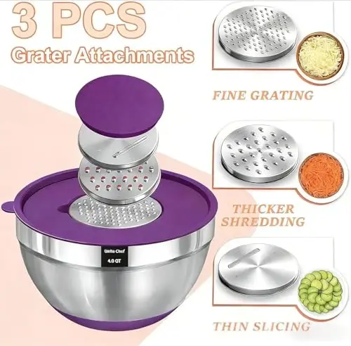 Umite Chef Mixing Bowls with Airtight Lids, 26Pcs Stainless Steel Bowls Set, 3 Grater AttacModazoneents & Colorful Non-Slip Bottoms Size 7, 4, 2.5, 2.0,1.5, 1QT, Great for Mixing & Serving - 6