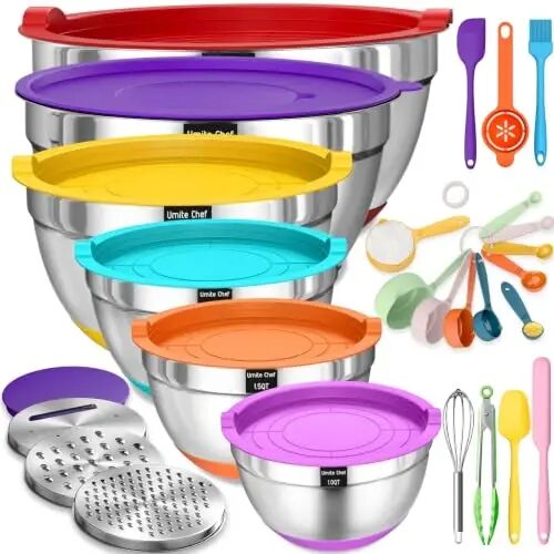 Umite Chef Mixing Bowls with Airtight Lids, 26Pcs Stainless Steel Bowls Set, 3 Grater AttacModazoneents & Colorful Non-Slip Bottoms Size 7, 4, 2.5, 2.0,1.5, 1QT, Great for Mixing & Serving 