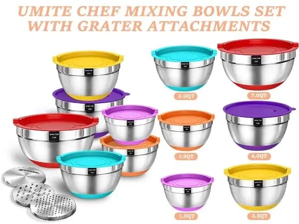 Umite Chef Mixing Bowls with Airtight Lids, 26Pcs Stainless Steel Bowls Set, 3 Grater AttacModazoneents & Colorful Non-Slip Bottoms Size 7, 4, 2.5, 2.0,1.5, 1QT, Great for Mixing & Serving - 2