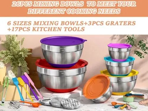Umite Chef Mixing Bowls with Airtight Lids, 26Pcs Stainless Steel Bowls Set, 3 Grater AttacModazoneents & Colorful Non-Slip Bottoms Size 7, 4, 2.5, 2.0,1.5, 1QT, Great for Mixing & Serving - 3