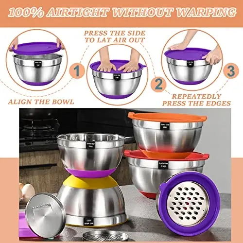 Umite Chef Mixing Bowls with Airtight Lids, 26Pcs Stainless Steel Bowls Set, 3 Grater AttacModazoneents & Colorful Non-Slip Bottoms Size 7, 4, 2.5, 2.0,1.5, 1QT, Great for Mixing & Serving - 2