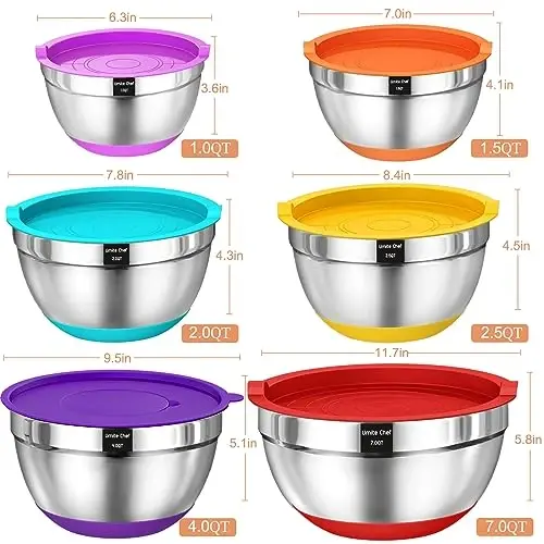 Umite Chef Mixing Bowls with Airtight Lids, 26Pcs Stainless Steel Bowls Set, 3 Grater AttacModazoneents & Colorful Non-Slip Bottoms Size 7, 4, 2.5, 2.0,1.5, 1QT, Great for Mixing & Serving - 4