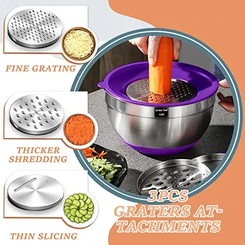 Umite Chef Mixing Bowls with Airtight Lids, 26Pcs Stainless Steel Bowls Set, 3 Grater AttacModazoneents & Colorful Non-Slip Bottoms Size 7, 4, 2.5, 2.0,1.5, 1QT, Great for Mixing & Serving - 3