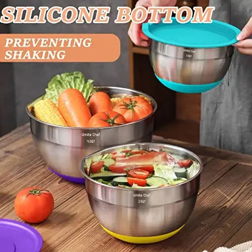 Umite Chef Mixing Bowls with Airtight Lids, 26Pcs Stainless Steel Bowls Set, 3 Grater AttacModazoneents & Colorful Non-Slip Bottoms Size 7, 4, 2.5, 2.0,1.5, 1QT, Great for Mixing & Serving - 5