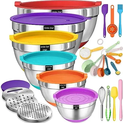 Umite Chef Mixing Bowls with Airtight Lids, 26Pcs Stainless Steel Bowls Set, 3 Grater AttacModazoneents & Colorful Non-Slip Bottoms Size 7, 4, 2.5, 2.0,1.5, 1QT, Great for Mixing & Serving - UMITE CHEF