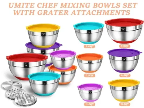 Umite Chef Mixing Bowls with Airtight Lids, 26Pcs Stainless Steel Bowls Set, 3 Grater AttacModazoneents & Colorful Non-Slip Bottoms Size 7, 4, 2.5, 2.0,1.5, 1QT, Great for Mixing & Serving - UMITE CHEF (1)