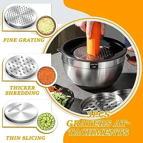 Umite Chef Mixing Bowls with Airtight Lids, 26Pcs Stainless Steel Bowls Set, 3 Grater AttacModazoneents & Black Non-Slip Bottoms Size 7, 4, 2.5, 2.0,1.5, 1QT, Great for Mixing & Serving - 2