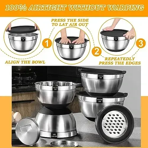 Umite Chef Mixing Bowls with Airtight Lids, 26Pcs Stainless Steel Bowls Set, 3 Grater AttacModazoneents & Black Non-Slip Bottoms Size 7, 4, 2.5, 2.0,1.5, 1QT, Great for Mixing & Serving - 6