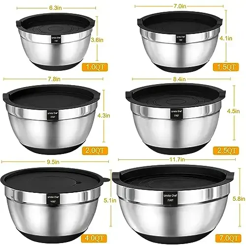Umite Chef Mixing Bowls with Airtight Lids, 26Pcs Stainless Steel Bowls Set, 3 Grater AttacModazoneents & Black Non-Slip Bottoms Size 7, 4, 2.5, 2.0,1.5, 1QT, Great for Mixing & Serving - 7