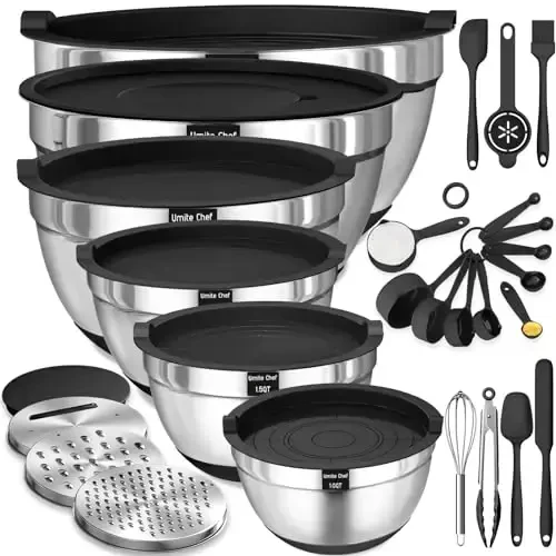 Umite Chef Mixing Bowls with Airtight Lids, 26Pcs Stainless Steel Bowls Set, 3 Grater AttacModazoneents & Black Non-Slip Bottoms Size 7, 4, 2.5, 2.0,1.5, 1QT, Great for Mixing & Serving 