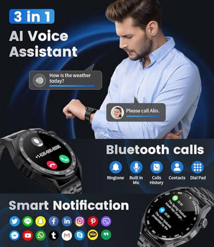 Умные часы для мужчин Bluetooth-звонки (ответ/звонок), 1.39'' IP68 Smartwatch для телефонов Android и iPhone, совместимые с частотой сердечных сокращений/SpO2/кровяным давлением, голосовым помощником, калькулятором, шагомером - 3