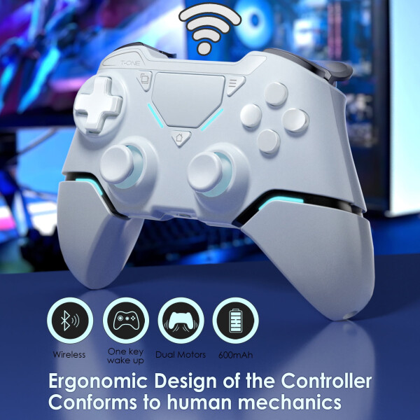 UModazone Wireless Controller for PS4/Pro/Slim/PC,Bluetooth Gamepad Remote Joystick with LED Light/Double Shock/Touchpad/Stereo Headphone Jack/Six-axis Motion/Programmable/Turbo, Technology White - 3