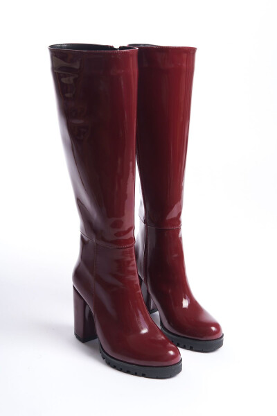 Unal Özer Burgundy Patent Leather Women's Daily Boots Un001-0118 - 2