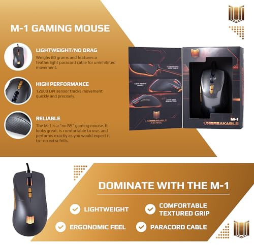 Unbreakable Gaming M-1 Wired Gaming Mouse - High-Performance PC Gaming Mouse with 12,000DPI Adjustable Sensor - Mouse Wired Gaming Accessories for Desk - Ergonomic Light Up Mouse with Side Buttons - 2