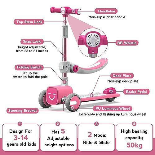 Unbreakable & Never Fall Down 2-in-1 Scooters Kids 3 Wheel Kick Scooter for Boys Girls Ages 3-14, Adjustable Height & Removable Seat, Widened Non-Slip Deck, More Safer for Beginner Toddlers - 2