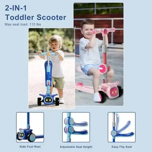 Unbreakable & Never Fall Down 2-in-1 Scooters Kids 3 Wheel Kick Scooter for Boys Girls Ages 3-8, Adjustable Height & Seat, Widened Non-Slip Deck, More Safer for Beginner Toddlers - 2