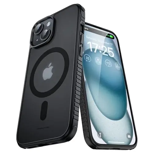 UNBREAKcable Magnetic Case for iPhone 15, [Compatible with MagSafe] [Military Grade Shockproof] [Non-Slip] Translucent Matte Back Soft Silicone Protective Case for iPhone 15, Black - 3