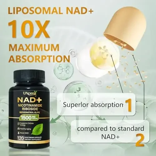 UNcena NAD Supplement 1500mg - Liposomal NAD+ Nikotinamid Ribosid Resveratrol bilan, NAD Plusni oshirish - Ayollar va erkaklar uchun hujayra salomatligini, chidamlilikni va sog'lom qarishni qo'llab-quvvatlash - 120 kapsula - 5