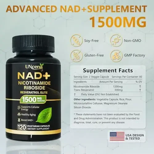 UNcena NAD Supplement 1500mg - Liposomal NAD+ Nikotinamid Ribosid Resveratrol bilan, NAD Plusni oshirish - Ayollar va erkaklar uchun hujayra salomatligini, chidamlilikni va sog'lom qarishni qo'llab-quvvatlash - 120 kapsula - 6