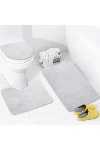 Unicolor Düz 3'lü Gri Banyo Paspası Seti Kaymaz Deri Tabanlı Makinede Yıkanabilir Klozet Takımı-Gri 